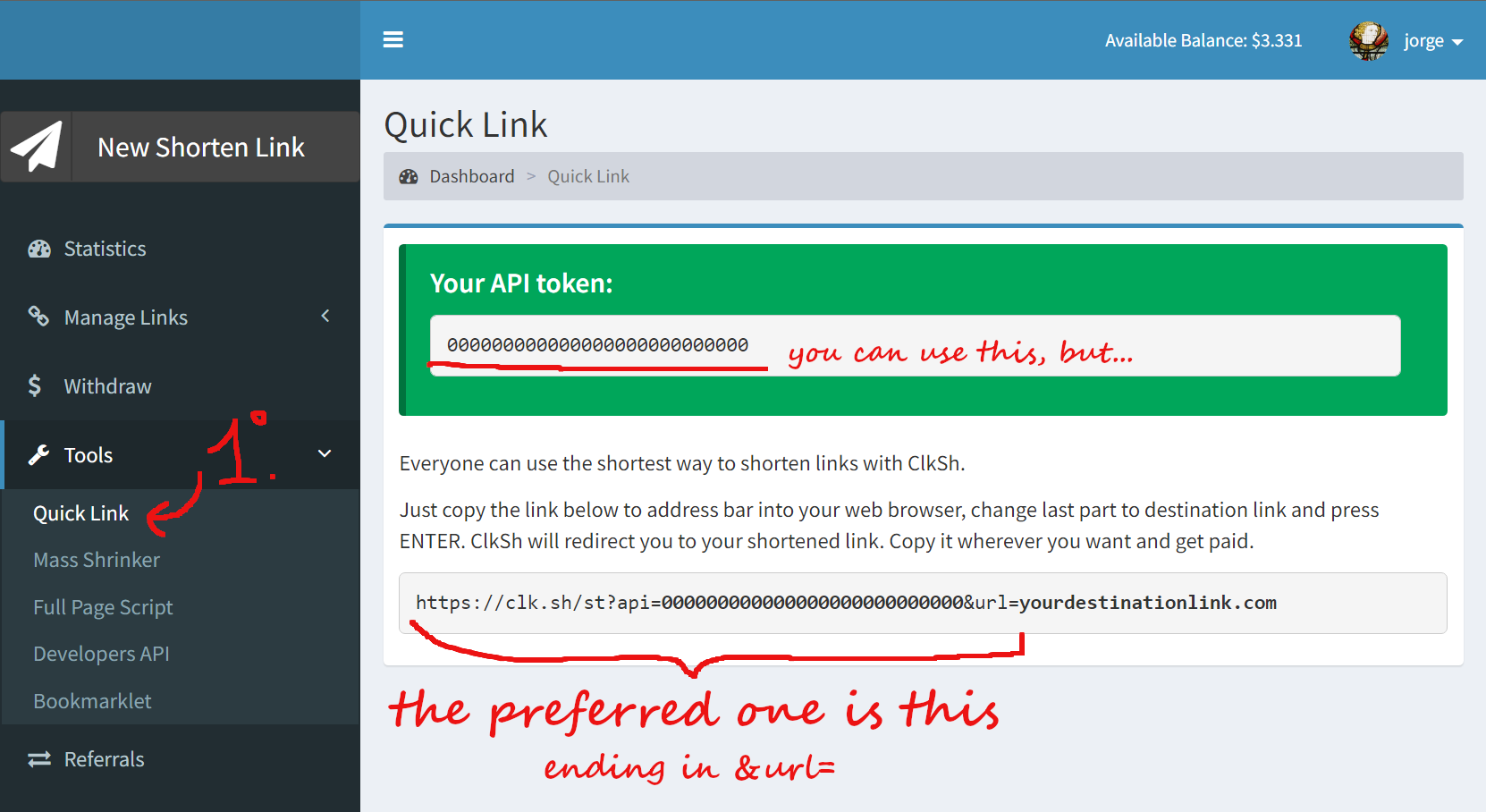 instrucciones para obtener el quick link